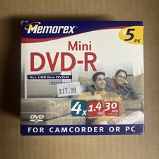 NEW Memorex Mini DVD-R 5 Pack For Camcorder or PC UPC 034707056152 Sealed Box