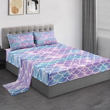 Full Size Bed Sheet Sets, Blue Purple Mermaid 4 Pcs Bedding Sets for Kids and...
