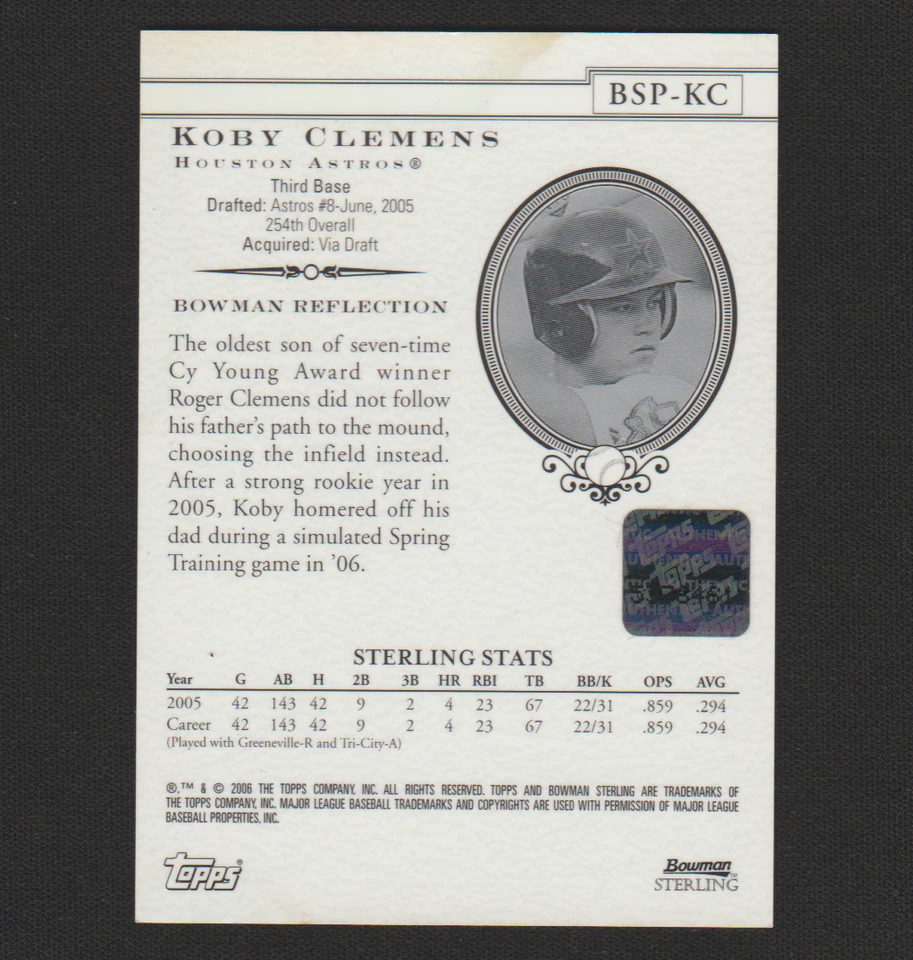 2006 BOWMAN STERLING  BOWMAN REFLECTION PROSPECT KOBY CLEMENS RC AUTO/AUTOGRAPH - Image 2 of 2