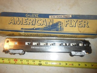 S scale American Flyer 963 Lighted Washington Observation car with tattered box.
