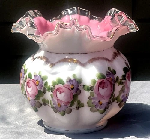 Fenton 6" Pink Glass Vase Peach Bowl Charleton Rose Melon Silver Crest Ruffled