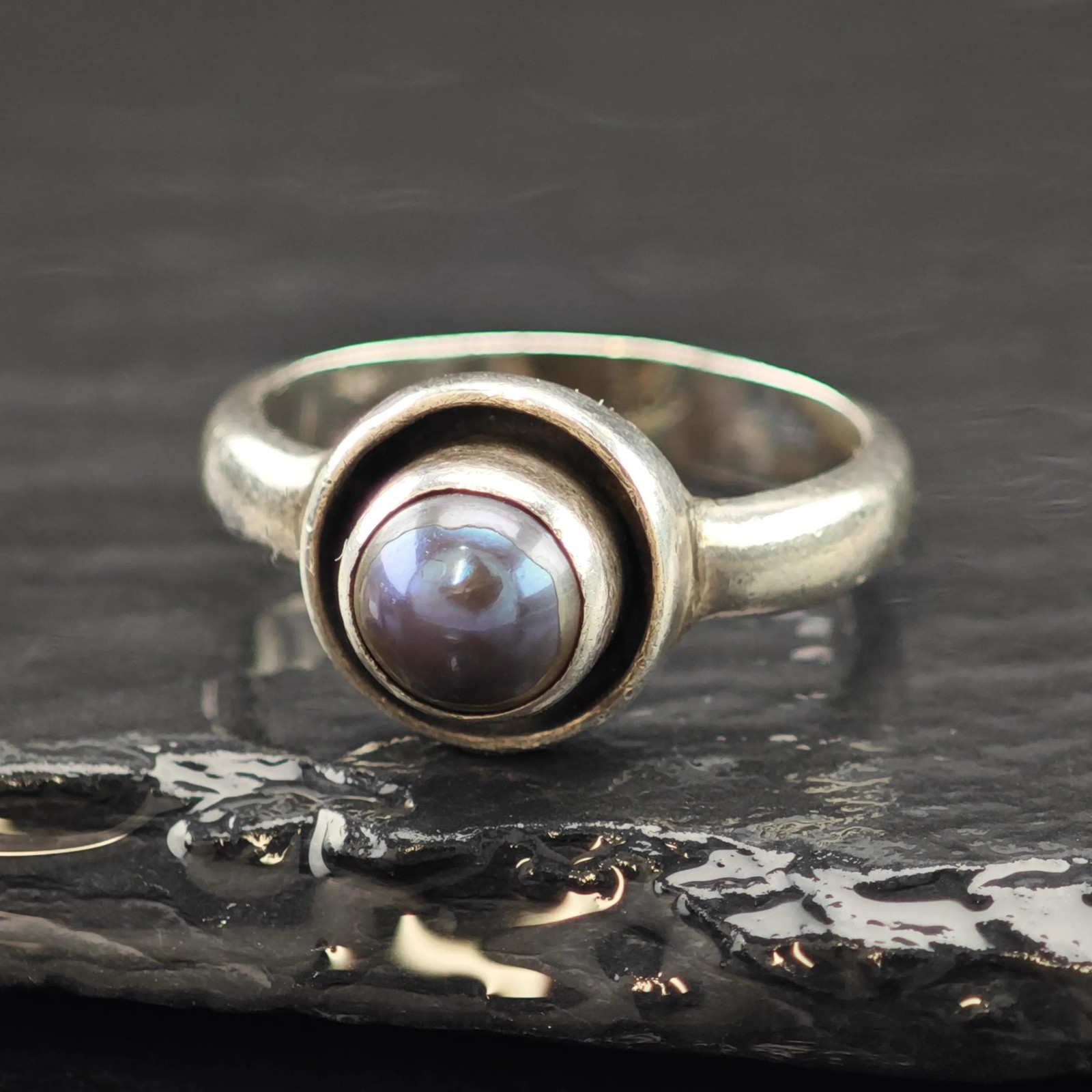 Shadow Box Dark Pearl Solitaire Ring Sterling Sil… - image 1