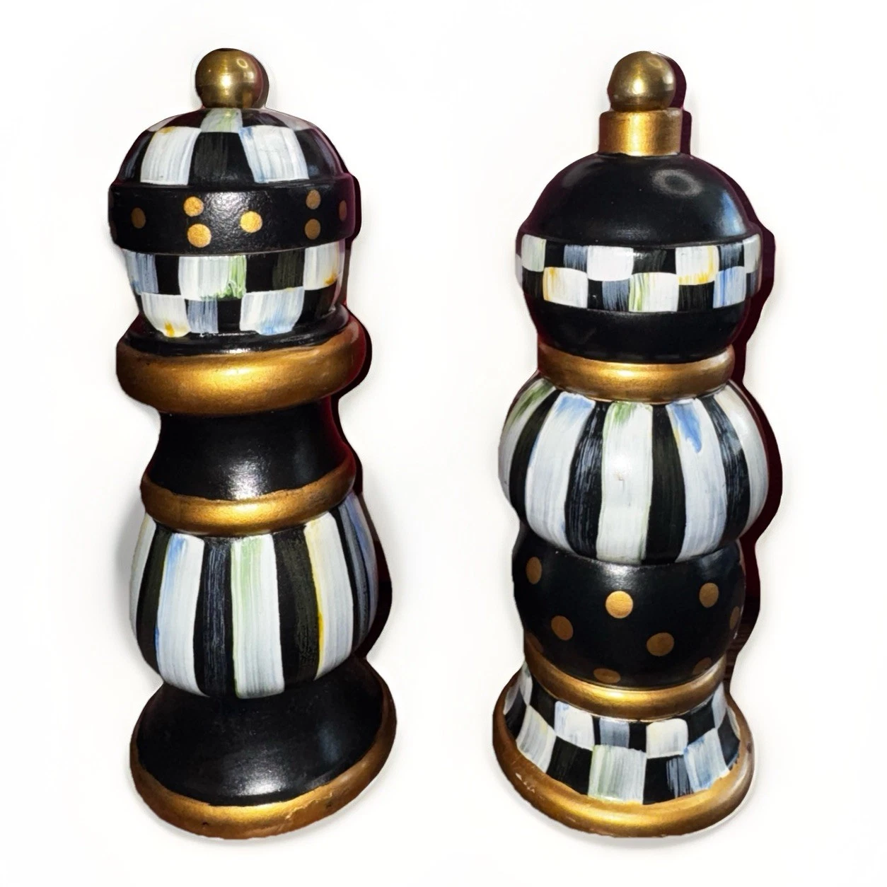 RARE RETIRED SET MACKENZIE CHILDS COURTLY CHECK WOOD SALT PEPPER MILL GRINDER