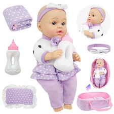 Baby Doll with , 12" Dolls Playset with Washable Carrier Bassinet Bed, Bottle...