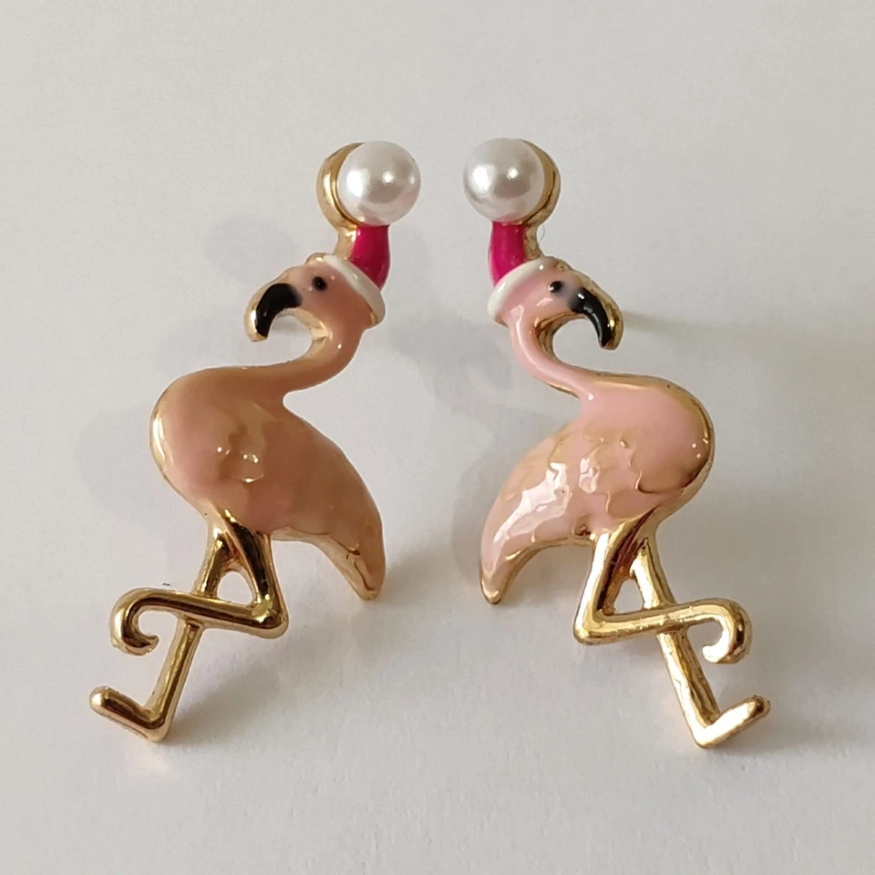 Betsey Johnson Santa Hat Faux Pearl Pink Enamel Flamingo Earrings - Image 3 of 4