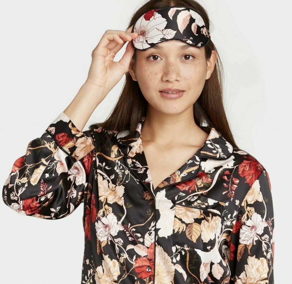 Womens 3pc Floral Print Satin Long Sleeve Notch Collar Top and Shorts