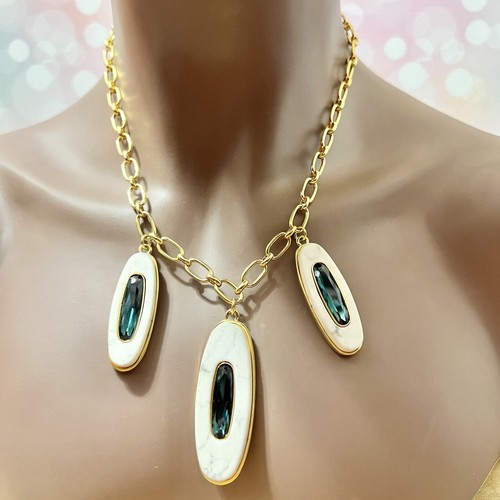 Vince Camuto Howlite Gemstone Pendant Necklace, Green Rhinestone & Gold Tone - Picture 3 of 12