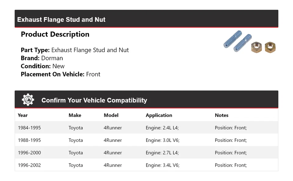 Para Toyota 4Runner Dorman 1984-2002 brida de escape perno y tuerca delantera 1985 1986 Foto 2 de 3