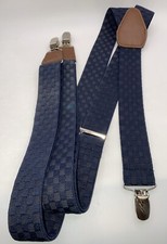 Men s Y-Shaped Stretch Suspenders, Navy Blue, Brown Leather, Silver Clips 1.25