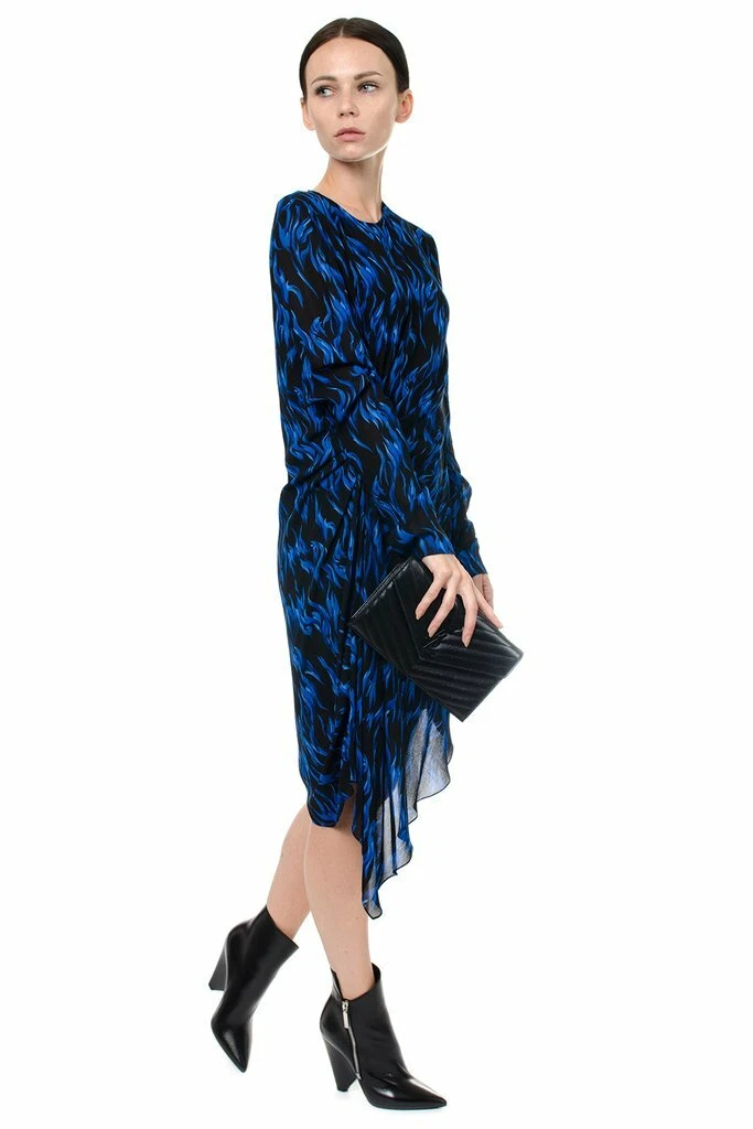 SAINT LAURENT (YSL) Abito asimmetrico in crepe seta SAINT LAURENT blu fiamma nera stampa asimmetrica 12 US 44IT