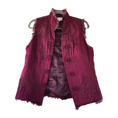 Summit Silks 100% Pure Silk Vest with Fur Size M Mobwives Oldmoney Burgundy 