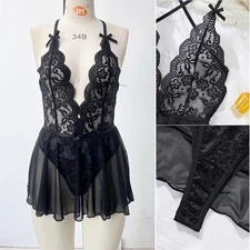 Women's Sexy Lingerie Lace Deep V Mesh See-through Bodysuit One Piece Teddy US