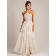 Sherri Hill 52797 Ivory Beaded Halter Tulle Ruffle Formal Gown Dress Womens 12