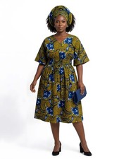 African Print Midi Dress with Matching Headwrap  One Size