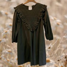Boho Kleid Schwarz Baumwolle Smock Rüschen Sommer XS S 34 36 Scandi