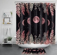 Botanical Night Starry Pink Moon Phase Shower Curtain Set for Bathroom Decor