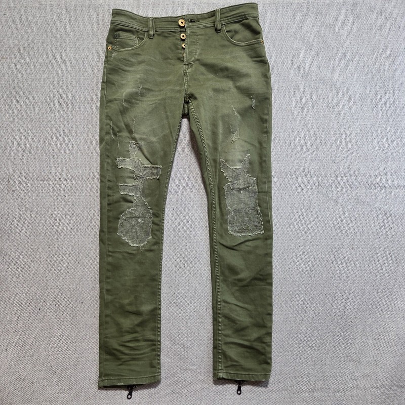 Mania Jeans Womens Size 30 Green Denim Stretch Button Fly Distressed Narrow