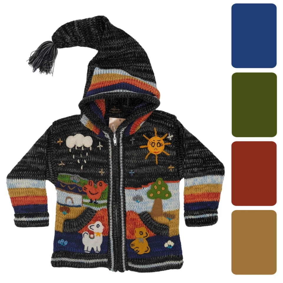 EQUAL EARTH Alpaca Wool Age 5-6 Kids Cardigan Jacket Coat Pixie Hoody Children's Winter Warm