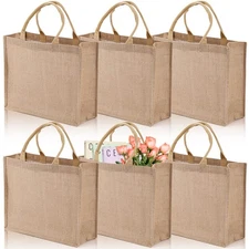 6 Pack 15.4x12.2x5.9 inch Large Jute Burlap Tote Bag with Laminated Interior