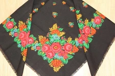 Black wool shawl, Vintage Ukrainian floral scarf, folk slavic shaw Soviet USSR