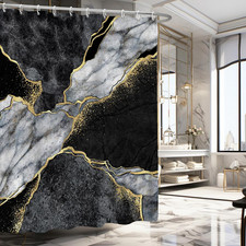 Black Marble Shower Curtain, Black Gold Abstract Shower Curtain Set for Luxury B