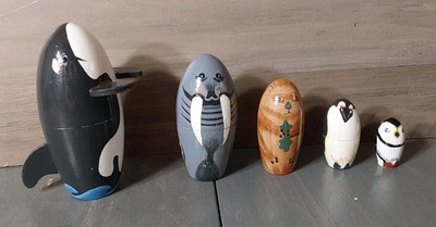 Ocean Marine Life 5pc Wooden Painted Nesting Doll Whale Walrus Penguin Puffin