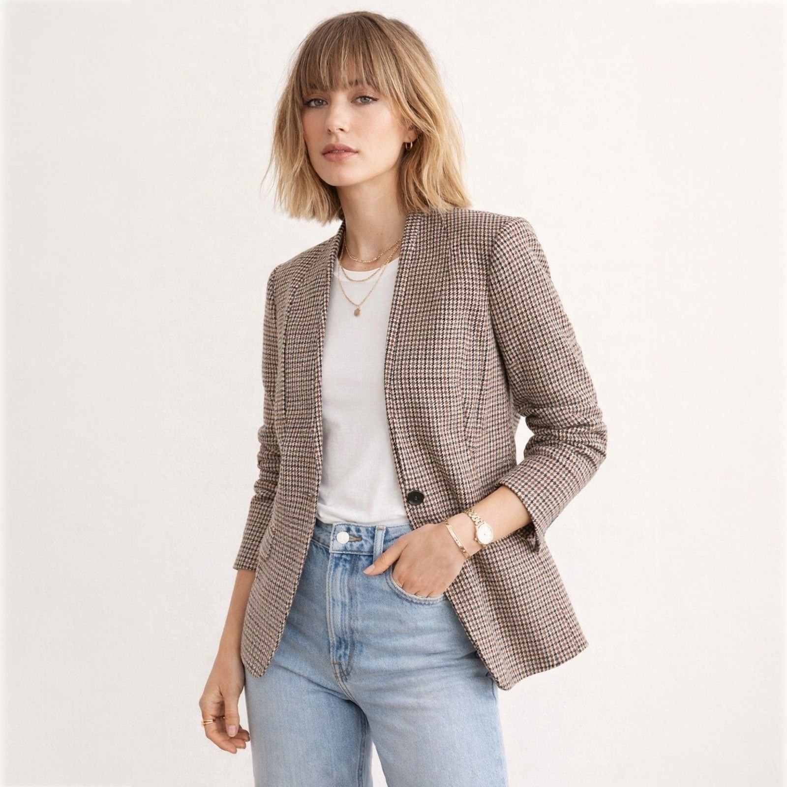 Premise Studio Houndstooth Collarless Single Butt… - image 1