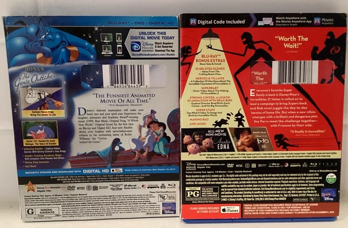 Disney “Aladdin” & “incredibles 2” Blu-ray DVD Sets With Sleeves