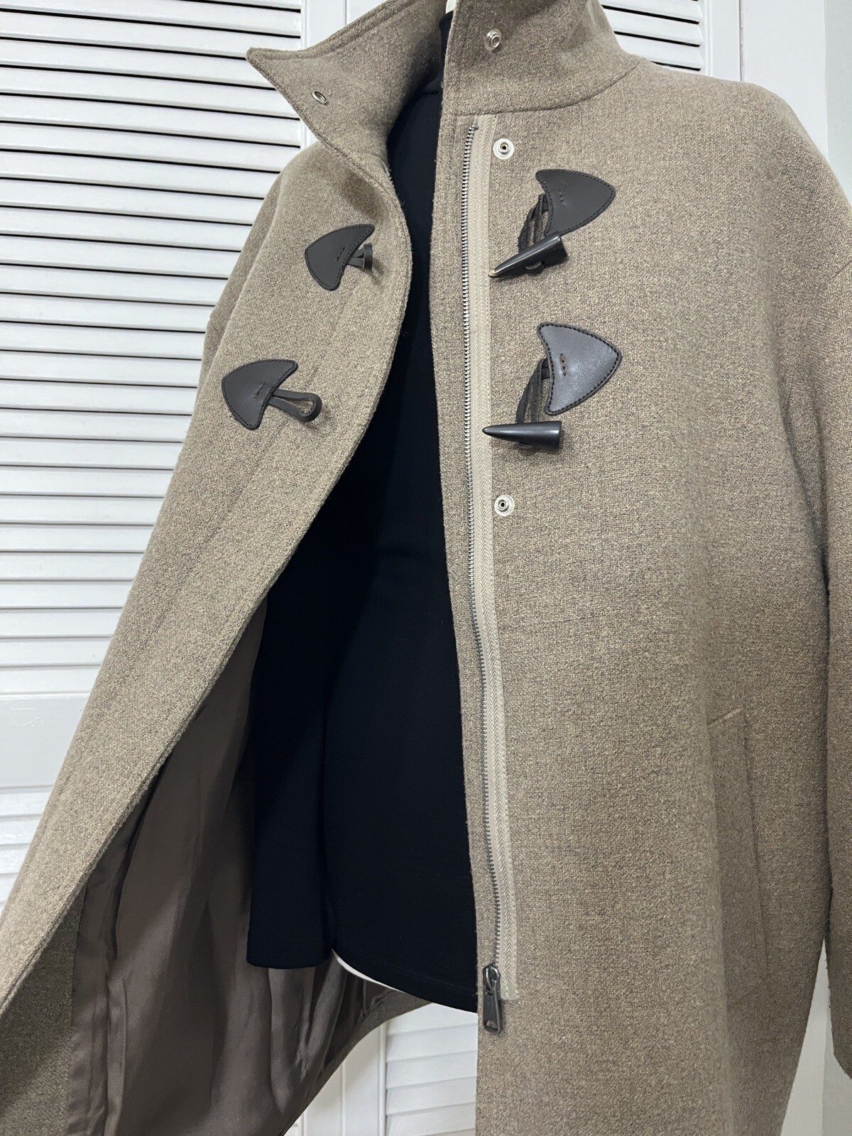 Stunning Classic Oatmeal Toggle Duffle Funnel Neck Cocoon Wool Overcoat