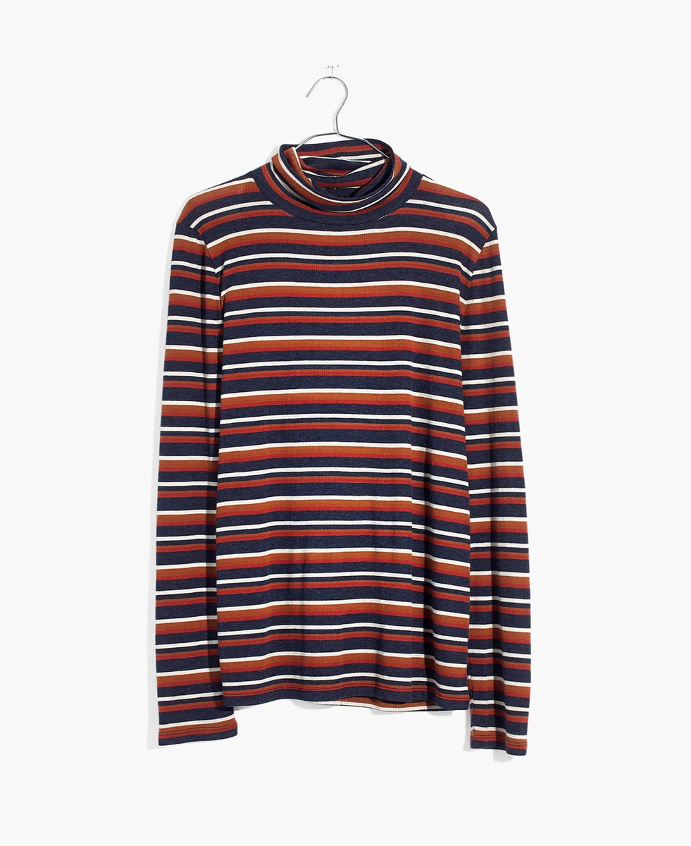 MADEWELL MULTICOLOR LONG SLEEVE STRIPED FINE RIBBED TURTLENECK TOP
