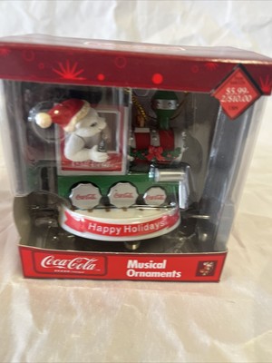 Coca-Cola Coke Brand Musical Christmas Ornament Polar Bear Train NIB