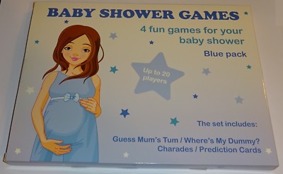 Neu 4 SPIELE PAKET BABYPARTY 20 Spieler blau Vorhersagen Scharaden Guess Mums Tum