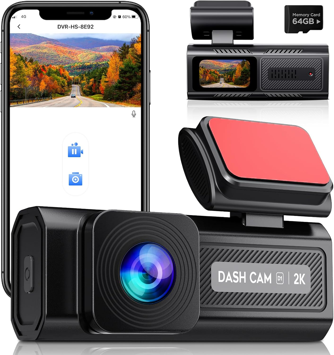 Dash Cam 2K 1440P Front Screen with 64GB SD Card for Car Recording and Safety