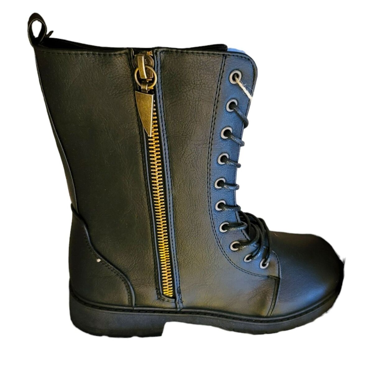 Seven7 Black Boots Mr. Zipper Brass Side Zip Lace-up Faux Seven7 Black Boots Mr. Zipper Brass Side Zip Lace-up Faux