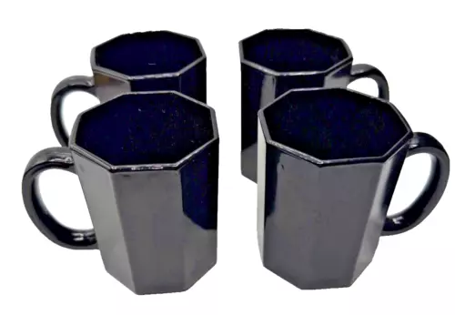 4 Vintage Arcoroc Octogon Black Glass Octime Mugs