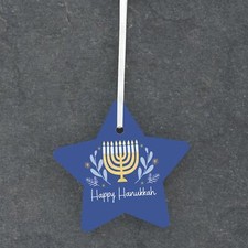 Happy Hanukkah Jewish Festival Blue Ceramic Star Ornament