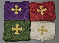 CATHOLIC MASS BURSE LOT OF  36 CHURCH ALTAR VESTMENTS Green/Purple/Red & Ivory