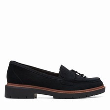 Clarks Women's Black Suede Slip-On Loafer Flats Round Toe Metal Hardware