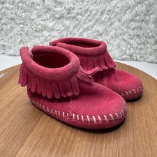Minnetonka Pink Suede Fringe Moccasins Booties Shoes Baby Girl Toddler Size 3