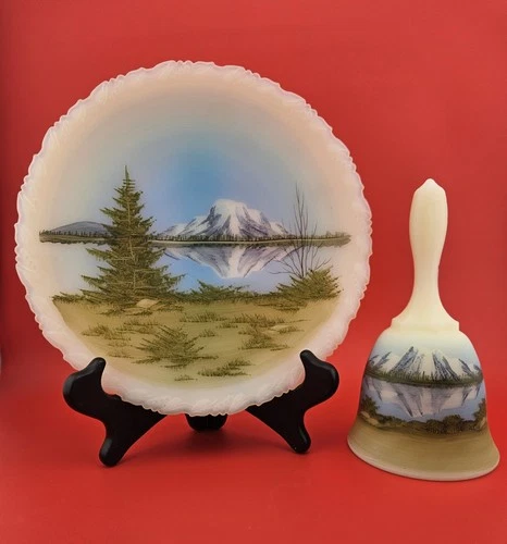 Fenton HP Custard Glass Plate/Bell Combo ~Mountain Reflections Scene~ GLOWS