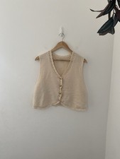 Size L Cream Knitted Crochet Accent Waistcoat Sleeveless Top V Neck Gold Buttons
