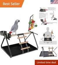 Parrot Bird Perch Table Top Stand Metal Wood 2 Steel Cups Play for Medium and...