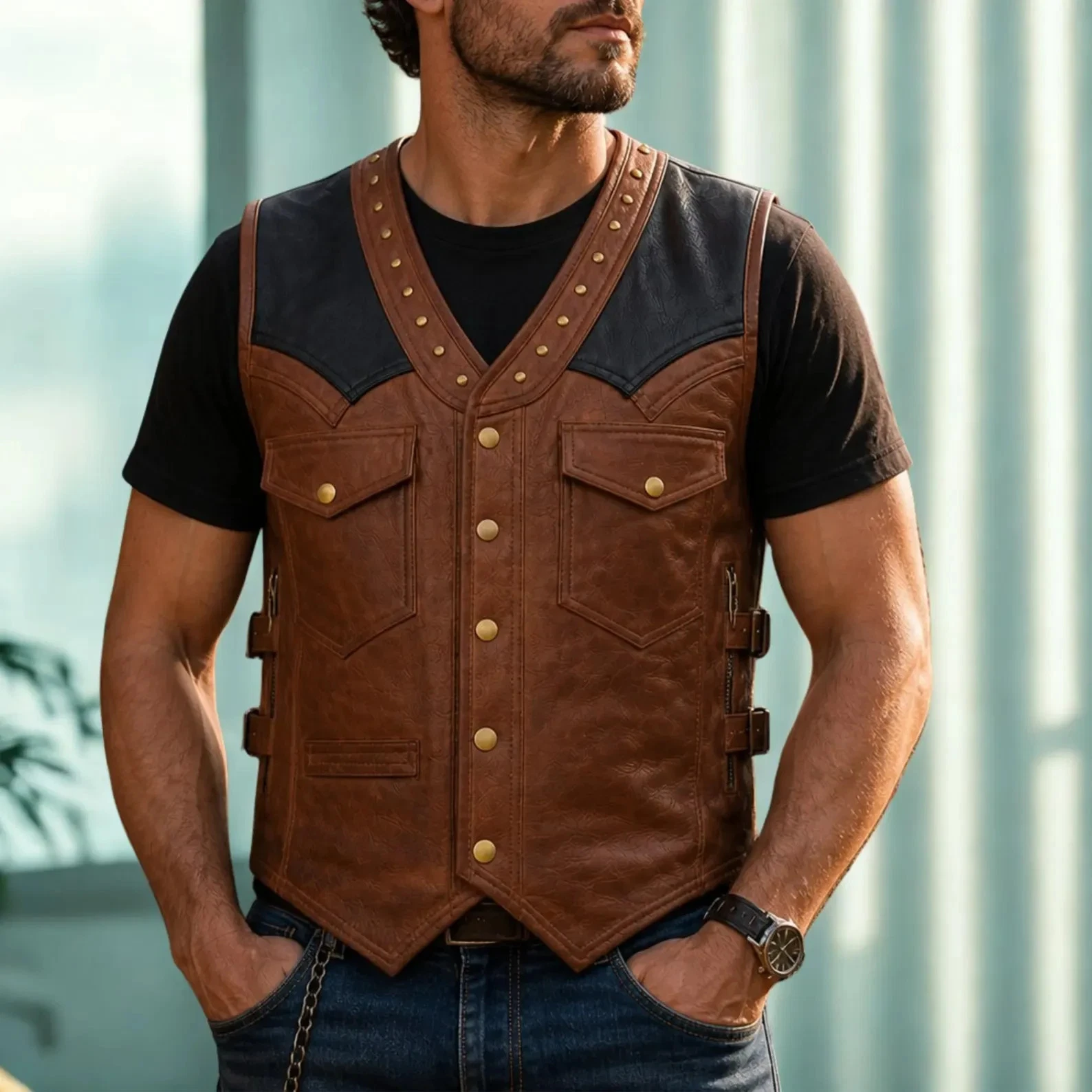 Premium Motorcycle Vest for Men, Classic Leather Rider Apparel