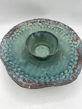 Large Chip and Dip Bowl Server Drip Glaze Pottery Brown Blue Green Signed 13"