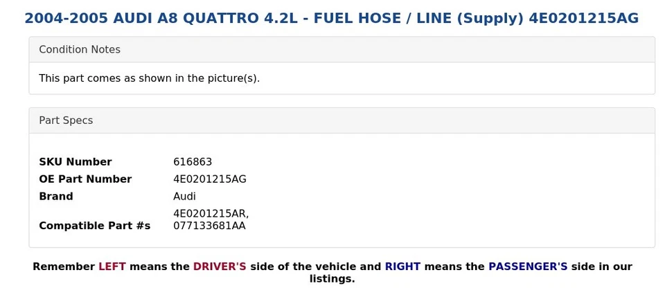 AUDI A8 QUATTRO 2004-2005 4,2 L - MANGUERA DE COMBUSTIBLE / LÍNEA (suministro) 4E0201215AG Foto 3 de 4