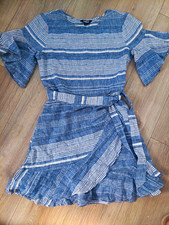 Express Blue White Striped A-Line Dress S Bell Sleeve Belted Ruffle Hem small