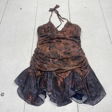 Shein EvoluSHEIN Dress Womens Medium Brown Floral Halter Ruched Ruffle Mini