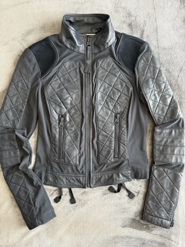 Blanc Noir Mesh Moto Leather Jacket Sz S Blue Diamond Quilted Lace-Up Back Chic - Image 3 of 4