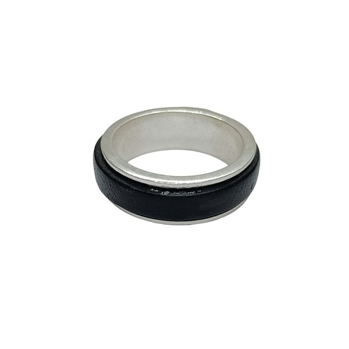 Handmade Sterling Silver Ring Band With Leather 8mm Wide Solid Stamped 925 - Picture 2 of 5