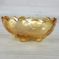 Vintage Amber Glass 5" Scalloped Oval Footed Candy Nut Dish Raised Floral Leaves